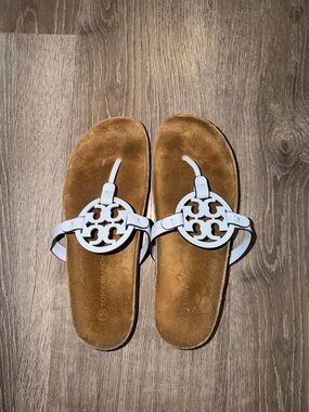 Tory Burch Light Blue Logo Thong Sandals with Tan Suede Footbed